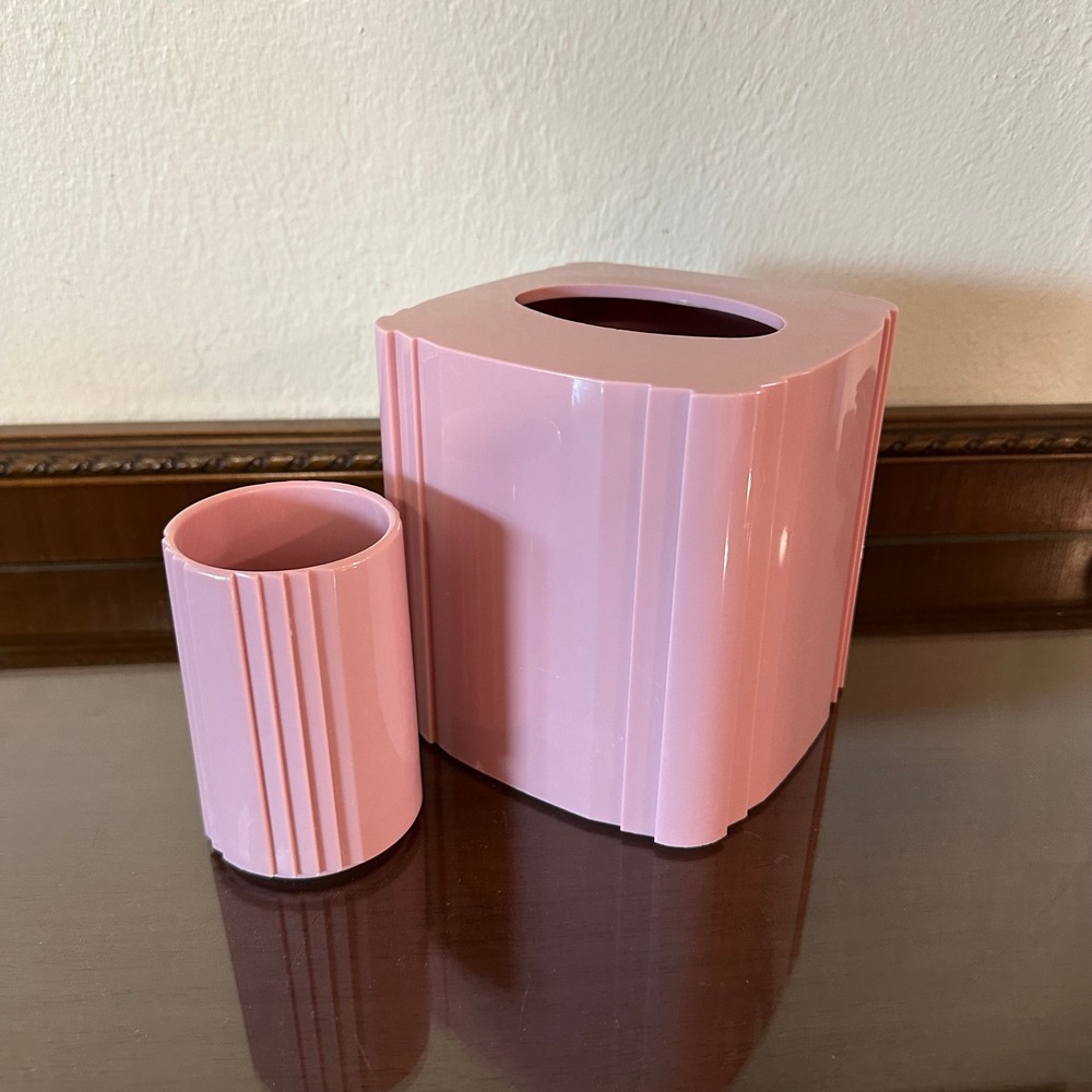 Vintage 80s Pink Plastic Bathroom Set Tissue Box Cover Tumbler Ribbed Art Deco